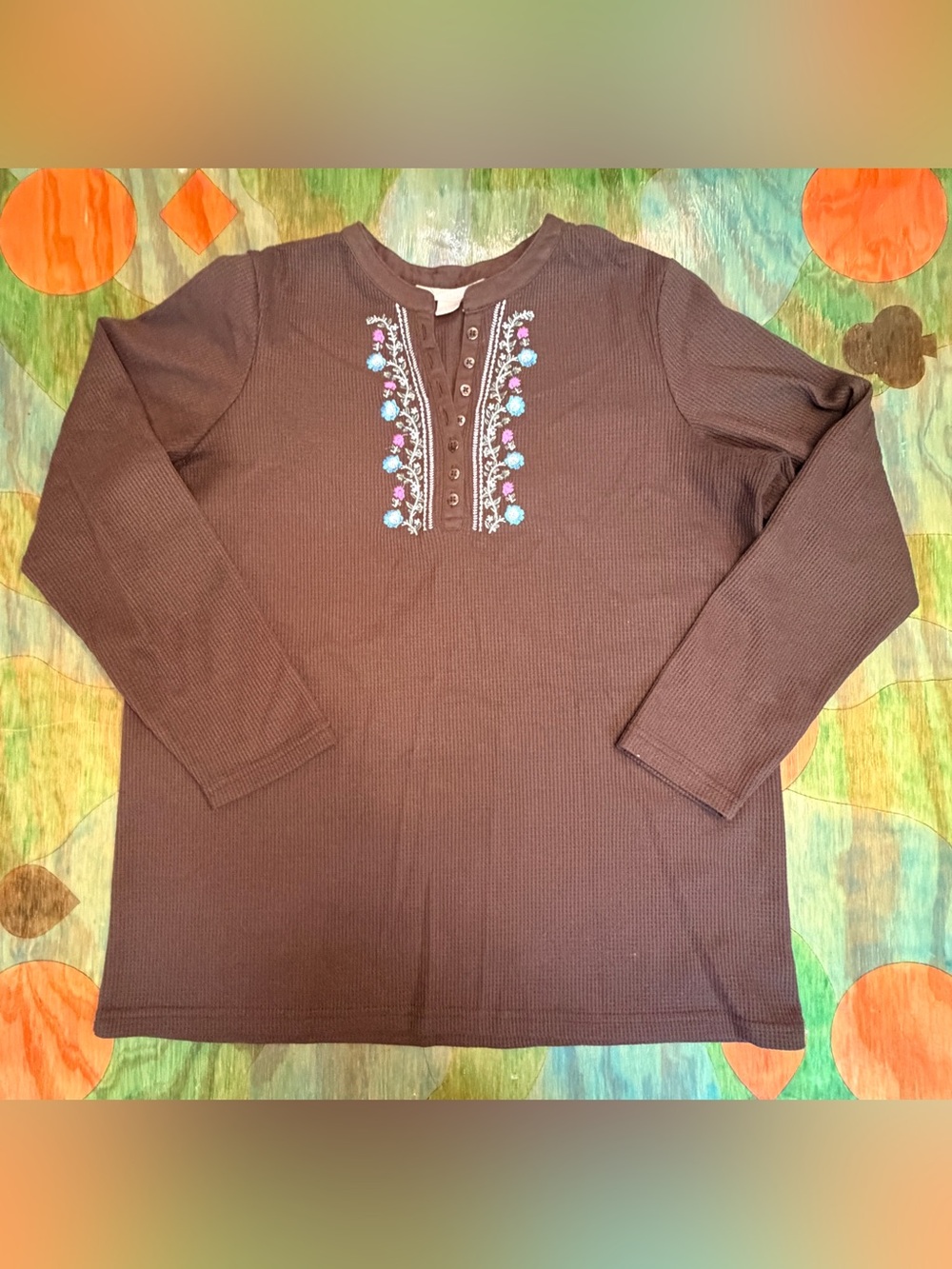 Woman Within Top Sz Med Embroidered Waffle Knit Henley Thermal Bohemian 14/16 Fl